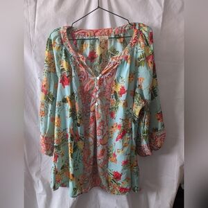 Floral Women's Blouse Size 1X Fig and Flower 3/4 Sleeve